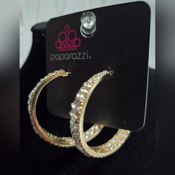 paparazzi Gold Crystal Hoop Earrings - Gold Rhinestone Hoops - Picture 2 of 2